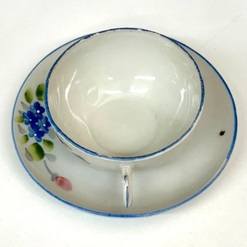 Vintage Japan Miniature Tea‎ Set 4pc Floral Porcelain Teacup Saucer Creamer Blue